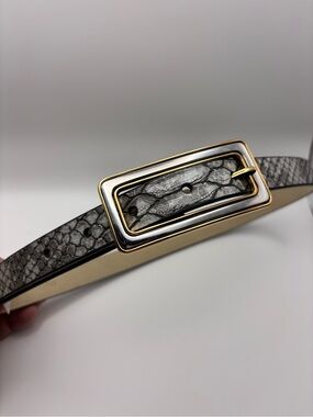 Chico's Gray Snake-Texture Belt with Gold Silver Rectangular Buckle Size M